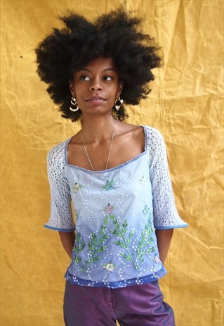 BLUE EMBROIDERY CROCHET TOP