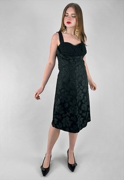 50's Vintage Black Satin Ladies Evening Floral Dress