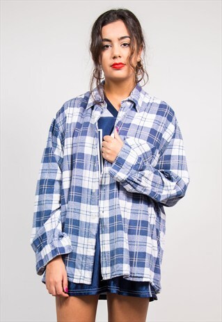 90'S VINTAGE BLUE CHECK PATTERN FLANNEL SHIRT