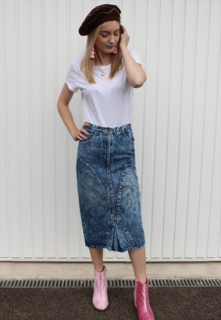 VINTAGE 90S DARK BLUE ACID WASH PLEATED MIDI DENIM SKIRT
