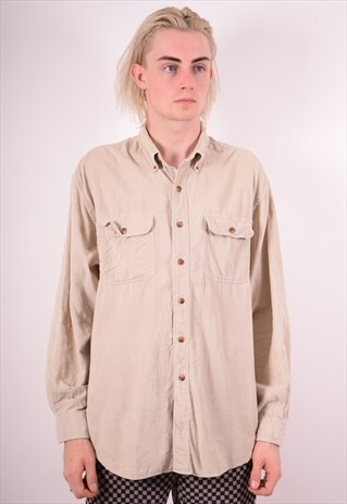 MENS VINTAGE CORDUROY SHIRT LARGE BEIGE 90S