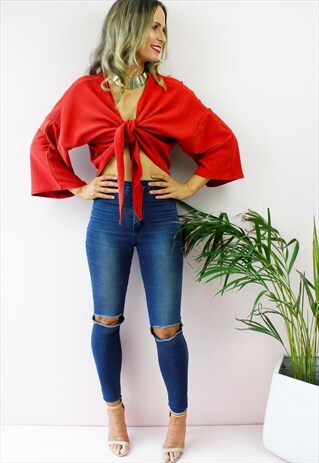 RED PLUNGE FRONT TIE PEASANT BOHO BLOUSE TOP