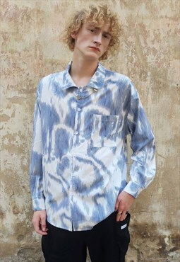 Stripe print shirt paint splatter silky top in blue white