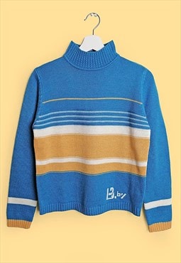 Vintage High Neck Striped Wool Knit Sweater Blue Yellow