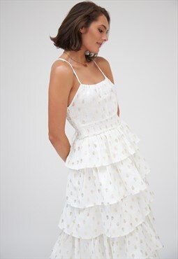 White paisley print ruffled midi dress with criss-cross back