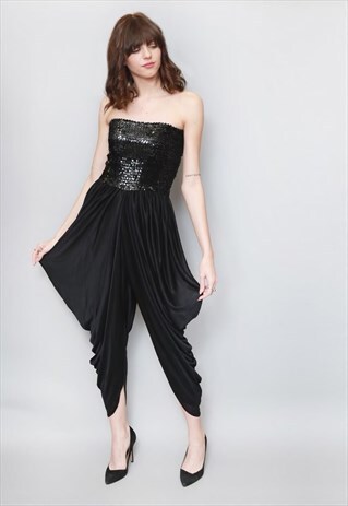 VINTAGE 1970'S STUNNING BLACK SEQUIN HAREM LEG JUMPSUIT
