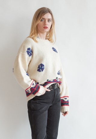VINTAGE 70S BOHO WINTER WOOL JUMPER IN GREY PATTERN