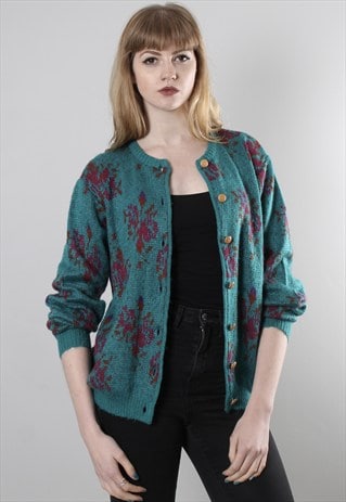 VINTAGE 80S TURQUOISE FLORAL PATTERNED CARDIGAN