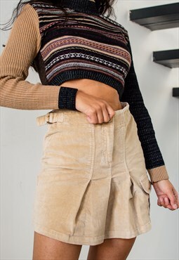 Vintage Y2K Corduroy Beige Pleated Skirt