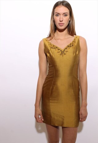 VINTAGE 1960'S 60'S BEADED MUSTARD GOLD SILK PARTY DRESS S-M
