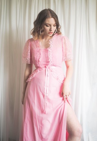 VINTAGE 1970S PINK LACE PROM DRESS