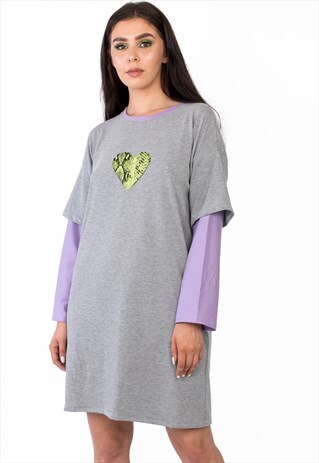 GREY T-SHIRT DRESS WITH HEART PRINT