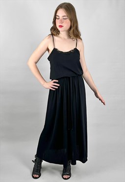 70's Black Ladies Slip Style Lace Midi Maxi Dress