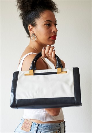 VINTAGE 80S BALLY BLACK AND WHITE LEATHER HANDBAG BAG