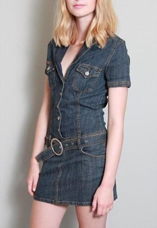 VINTAGE 1990'S BELTED DARK WASH DENIM MINI DRESS