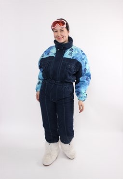90s blue ski suit, vintage one piece snowsuit, printed ski