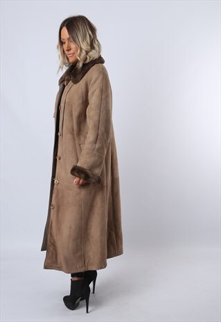 SHEEPSKIN SHEARLING SUEDE LONG COAT UK 14 - 16 (C9AJ)