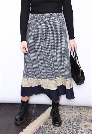 VINTAGE 90S NAVY SCARF PRINT PLEATED MIDI SKIRT