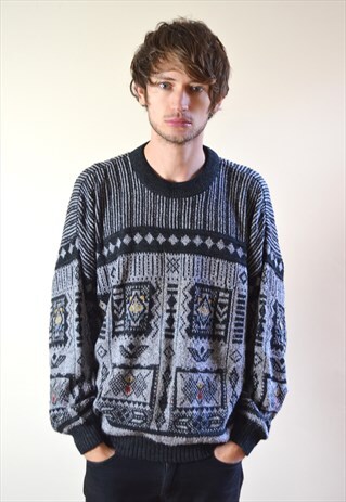 80S VINTAGE GREY AND BLACK PATTERN KNIT JUMPER