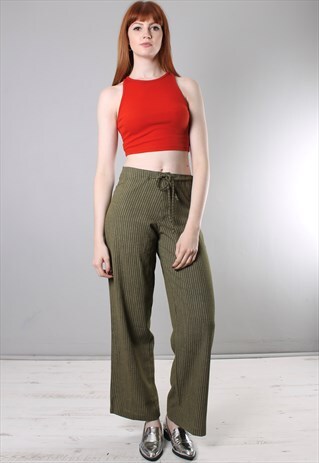 VINTAGE 90S GREEN STRIPED PATTERNED HIGH WAISTED TROUSERS