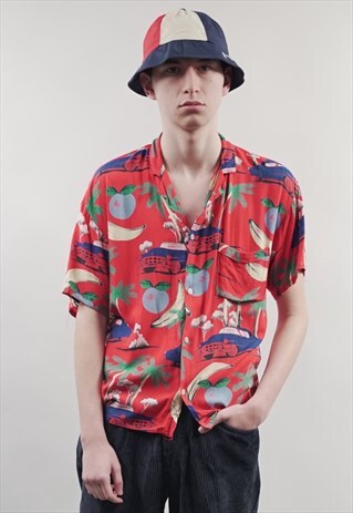 VINTAGE 80'S SHORT-SLEEVE RED BANANA PRINT HAWAIIAN SHIRT
