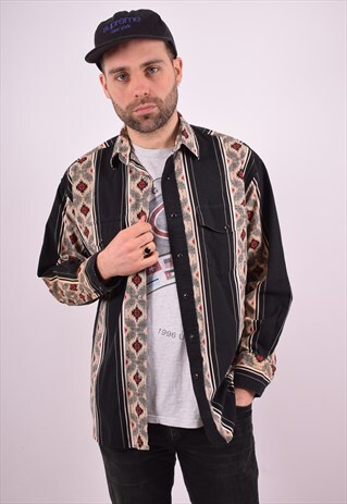 WRANGLER MENS VINTAGE AZTEC PRINT SHIRT LARGE BLACK 90'S