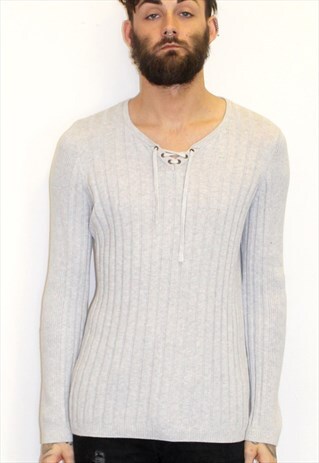 VINTAGE 90S TIE TOP RIB V-NECK GREY SHIRT GRUNGE PUNK