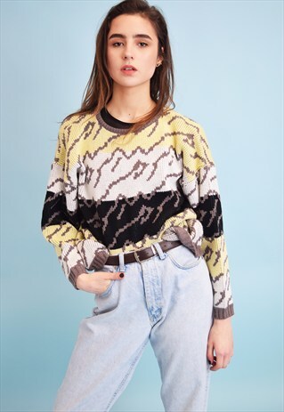 80'S RETRO ABSTRACT PRINT OVERSIZED KNITTED JUMPER TOP