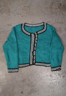 Vintage Knitted Patterned Cardigan Turquoise Fluffy 