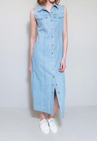 VINTAGE 1990'S LIGHT BLUE BUTTON FRONT DENIM MAXI DRESS