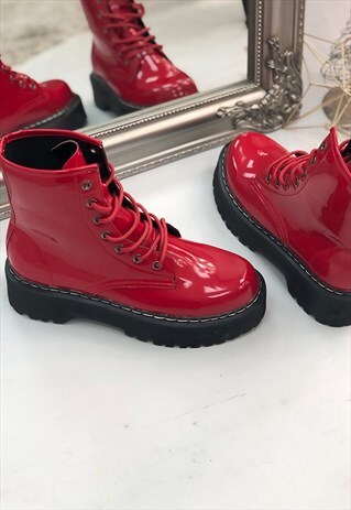 RED PATENT CHUNKY LACE UP BIKER BOOTS