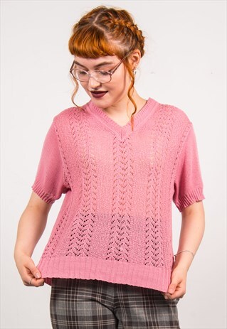 VINTAGE 70'S PINK CROCHET KNIT CUTE TOP