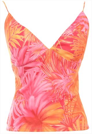 BEYOND RETRO VINTAGE PRINTED ORANGE CROPPED TOP - L
