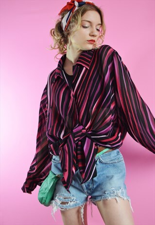VINTAGE 80S STRIPED SEE-THROUGH OVERSIZE SHIRT BLOUSE