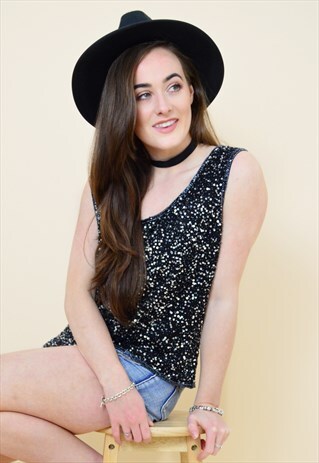 VINTAGE 90S BLACK SILK BEADED SEQUIN PARTY FESTIVAL TOP