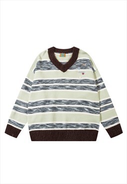V neck knit sweater striped jumper rainbow pullover grey