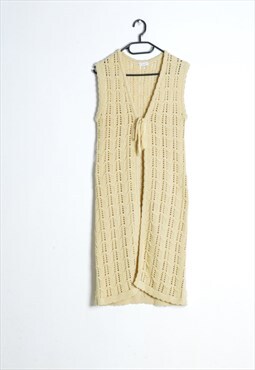 Vintage 90s Beige Knit Womens Boho Sheer Long Festival Vest