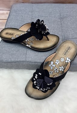 Black Flower Low Wedge Flip Flops