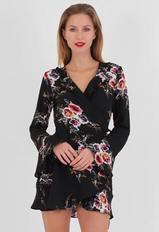 FLORAL PRINT LONG SLEEVE WRAP TEA DRESS IN BLACK