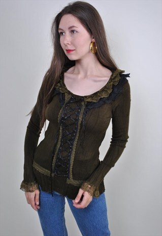 80S GREEN HIPPIE RUFFLED LACE BLOUSE, SIZE S