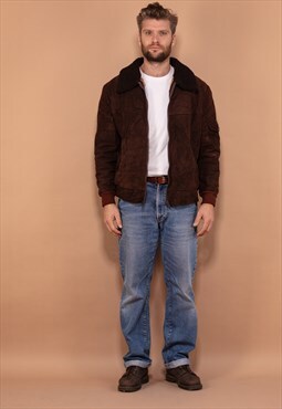 Vintage 70's Men Sheepskin Bomber Jacket in Brown