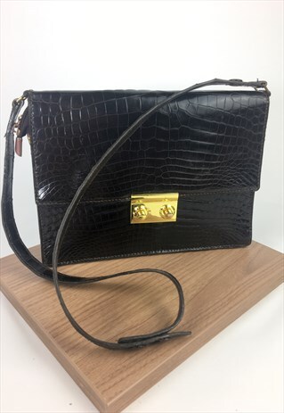 80'S VINTAGE BROWN LEATHER SCALE LOOK HANDBAG