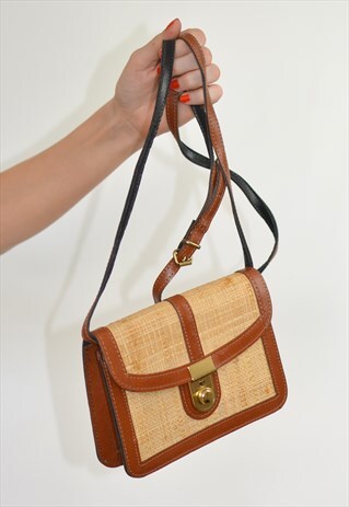 VINTAGE BROWN MINI SATCHEL STRAW CROSS BODY BAG