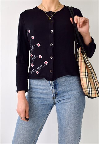 VINTAGE 90S Y2K FLORAL EMBROIDERED FITTED BUTTON UP TOP