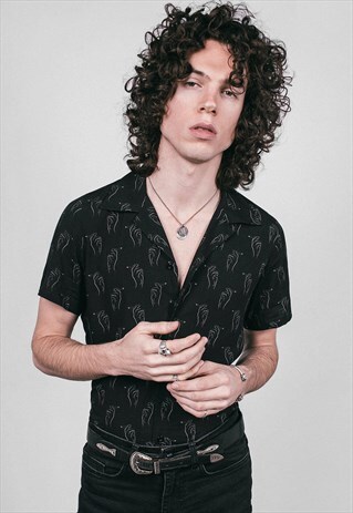 MENS BLACK COLORADO "SMOKING HAND" CUBAN COLLAR SHIRT