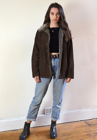 90S VINTAGE FAUX FUR COLLAR BROWN CORDUROY JACKET