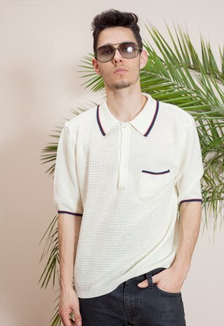 VINTAGE, UNISEX FISHNET POLO KNIT TOP