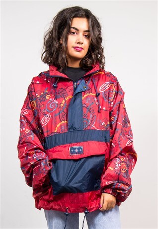 VINTAGE 90'S RED CRAZY PATTERN PULLOVER CAGOULE JACKET