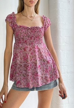 Vintage Y2k Floral Mesh Top Shirred Pink Summer Coquette