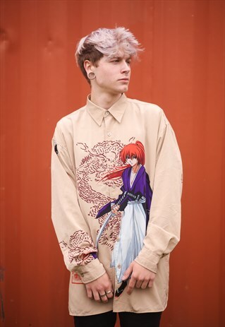 VINTAGE 90'S CREAM MANGA/ ANIME ORIENTAL SHIRT